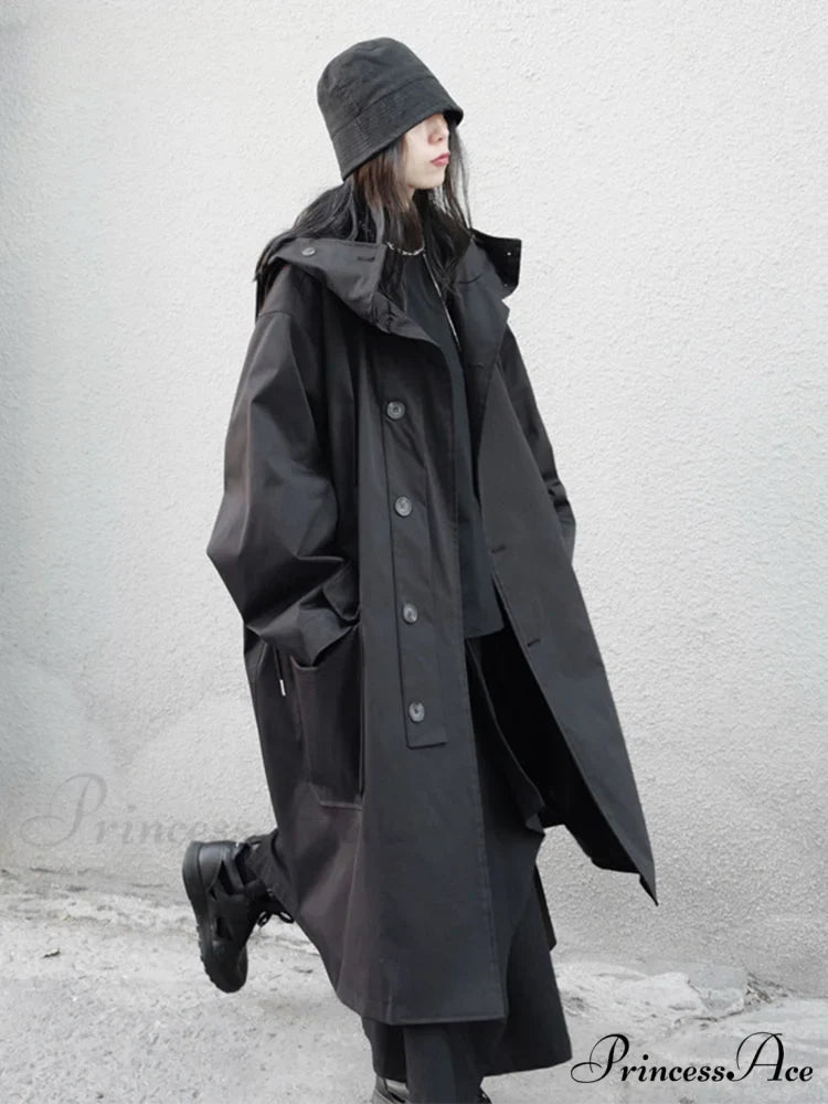 Spring Autumn Long Oversized Black Hood Dark Aesthetic Luxury Designer 2024 Stylish Coat
