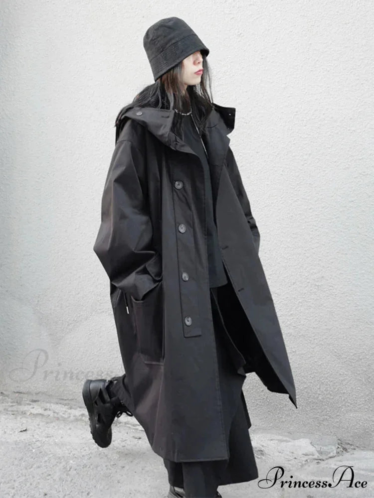 Spring Autumn Long Oversized Black Hood Dark Aesthetic Luxury Designer 2024 Stylish Coat