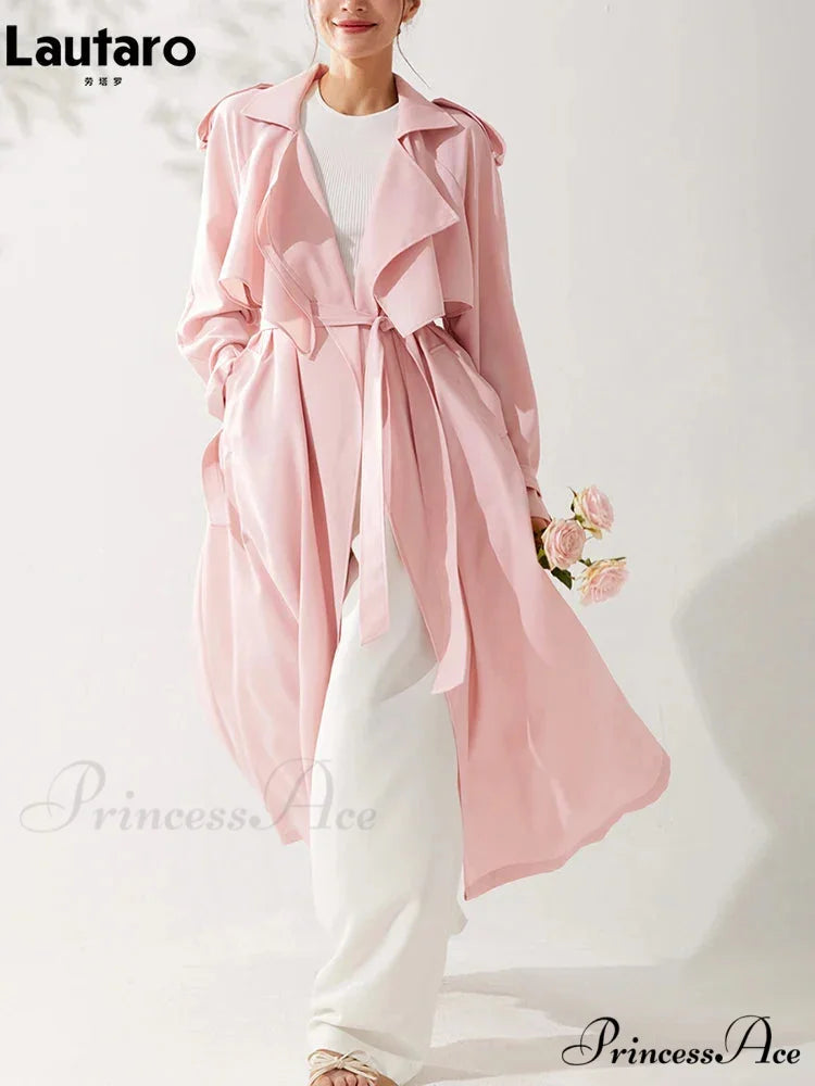 Spring Autumn Long Sweet Thin Flowy Pink Sashes High Quality Luxury Designer 2024 Stylish Coat