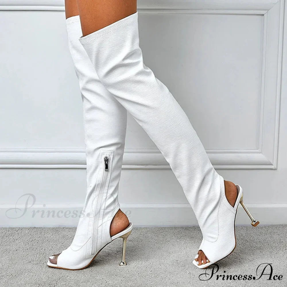 Spring Autumn Sexy Zip Metal Thin-Heels Open-Toe Leather Thigh-High Over-The-Knee Boots Stripper High Heel