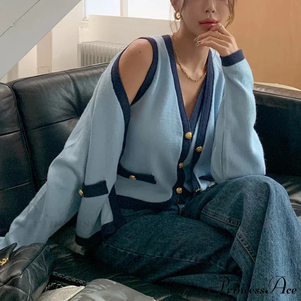 Spring Deep V-neck Extended Sleeve Knitted Cardigan