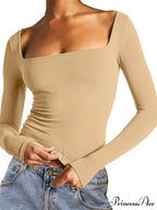 Spring Fall Slim Cropped Solid Color Long Sleeve Square Neck T-shirts