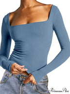 Spring Fall Slim Cropped Solid Color Long Sleeve Square Neck T-shirts