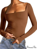 Spring Fall Slim Cropped Solid Color Long Sleeve Square Neck T-shirts