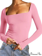 Spring Fall Slim Cropped Solid Color Long Sleeve Square Neck T-shirts