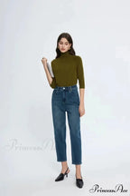 Spring New High Waist Retro Washed Blue Straight Jean