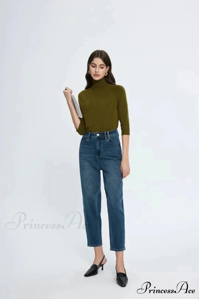 Spring New High Waist Retro Washed Blue Straight Jean