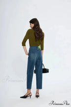 Spring New High Waist Retro Washed Blue Straight Jean