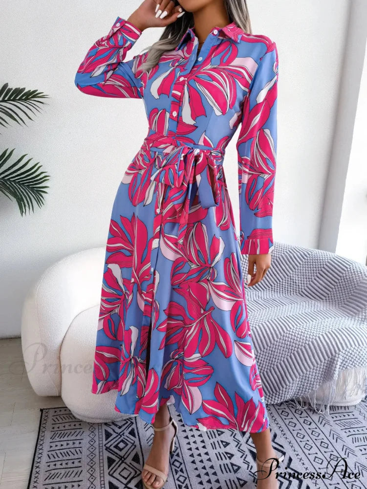 Spring Summer Contrast Floral Polo Collar Shirt Floral DressModified Title: Spring Summer Different Flower Polo Neck Shirt Flower Dress