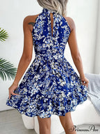 Spring Summer Floral Halter Neck Lace-up A-line Floral DressModified Title: Spring Summer Flowery Halter Neck Lace-up A-line Flowery Dress