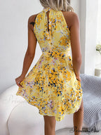 Spring Summer Floral Halter Neck Lace-up A-line Floral DressModified Title: Spring Summer Flowery Halter Neck Lace-up A-line Flowery Dress