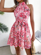 Spring Summer Floral Halter Neck Lace-up A-line Floral DressModified Title: Spring Summer Flowery Halter Neck Lace-up A-line Flowery Dress