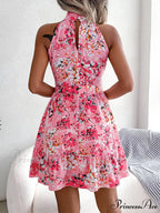 Spring Summer Floral Halter Neck Lace-up A-line Floral DressModified Title: Spring Summer Flowery Halter Neck Lace-up A-line Flowery Dress