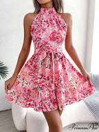 Spring Summer Floral Halter Neck Lace-up A-line Floral DressModified Title: Spring Summer Flowery Halter Neck Lace-up A-line Flowery Dress