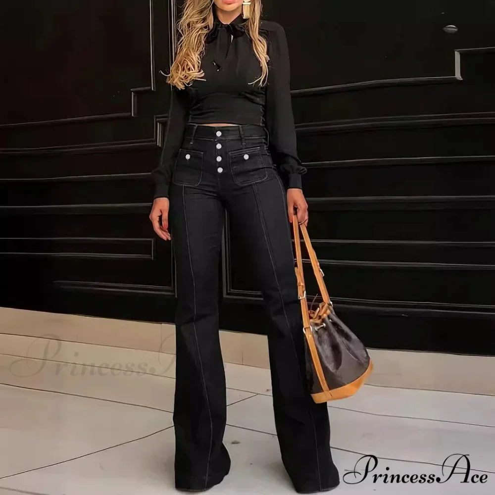 Spring Summer New Retro High Waist Stitching Washed Stretch Slim Bell-Bottom Denim Jean