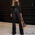 Spring Summer New Retro High Waist Stitching Washed Stretch Slim Bell-Bottom Denim Jean