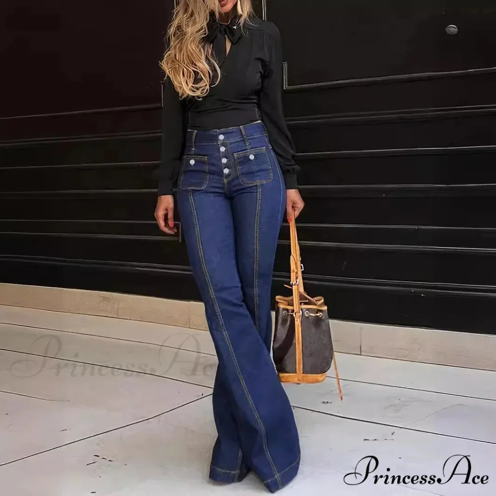 Spring Summer New Retro High Waist Stitching Washed Stretch Slim Bell-Bottom Denim Jean
