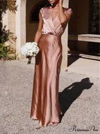 Spring/Summer Satin Solid Color Graceful V-Neck Fishtail Party Dress