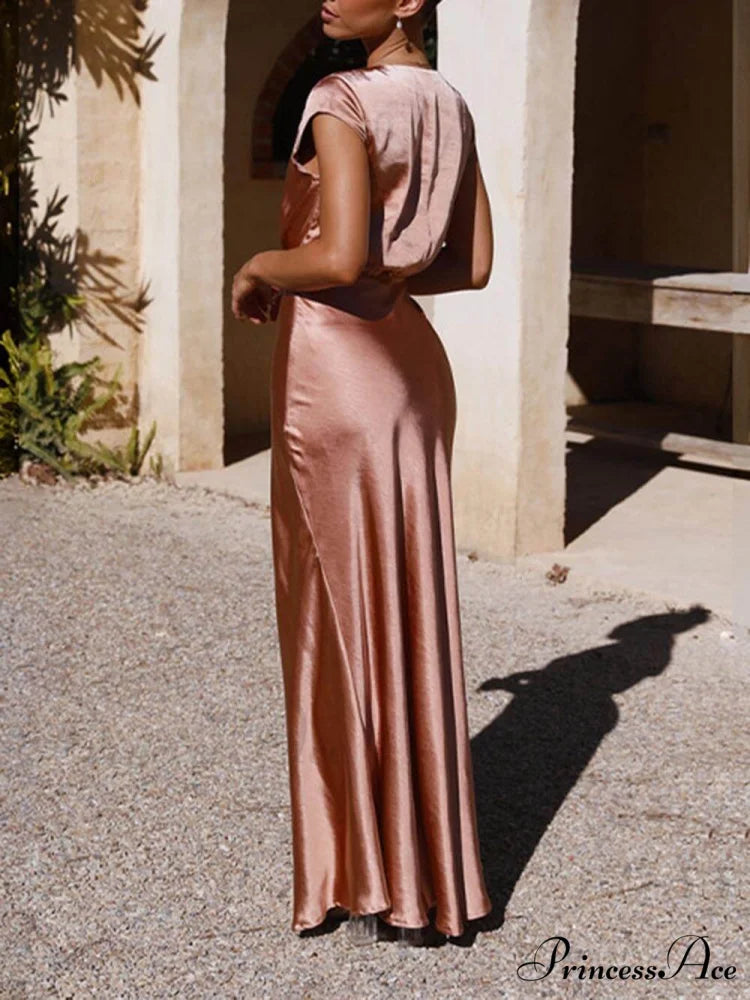 Spring/Summer Satin Solid Color Graceful V-Neck Fishtail Party Dress