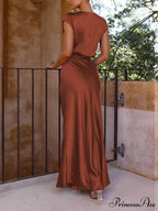 Spring/Summer Satin Solid Color Graceful V-Neck Fishtail Party Dress
