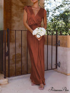 Spring/Summer Satin Solid Color Graceful V-Neck Fishtail Party Dress