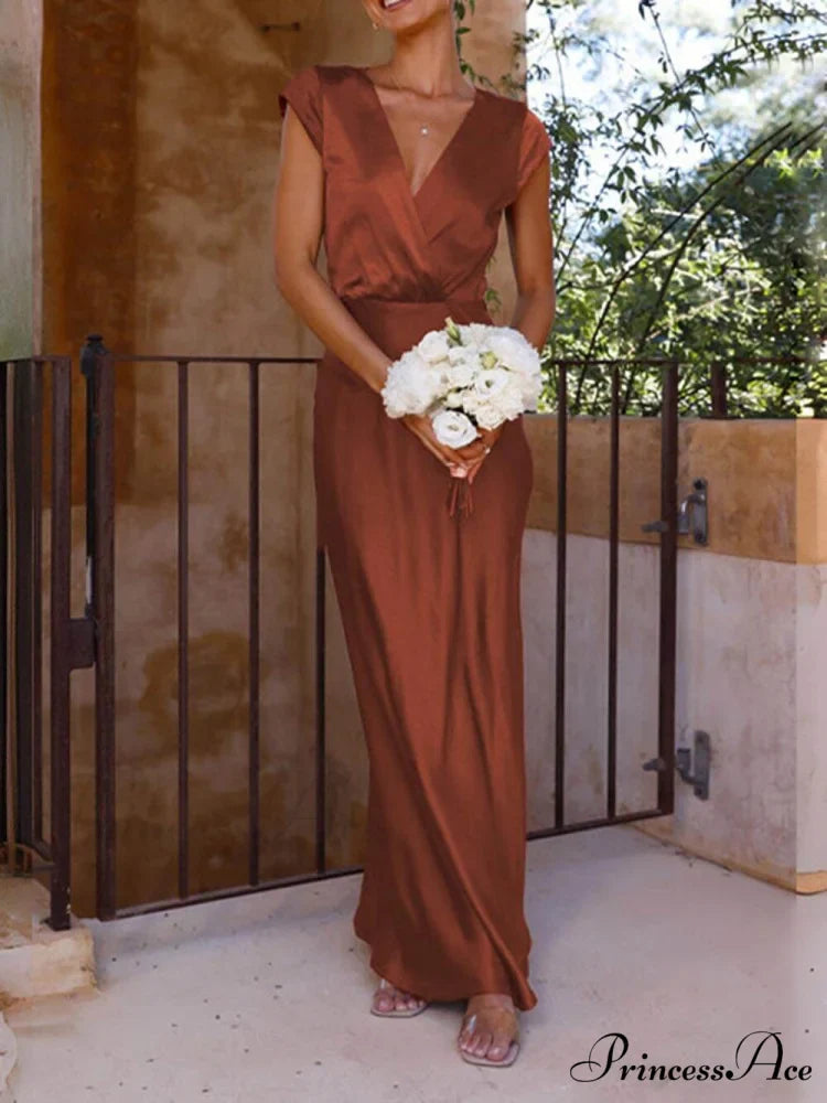 Spring/Summer Satin Solid Color Graceful V-Neck Fishtail Party Dress