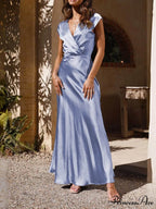 Spring/Summer Satin Solid Color Graceful V-Neck Fishtail Party Dress
