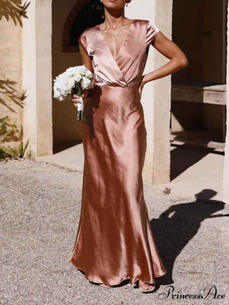 Spring/Summer Satin Solid Color Graceful V-Neck Fishtail Party Dress