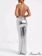 Spring Swing Collar Glossy Graceful Metallic Backless Maxi Dress