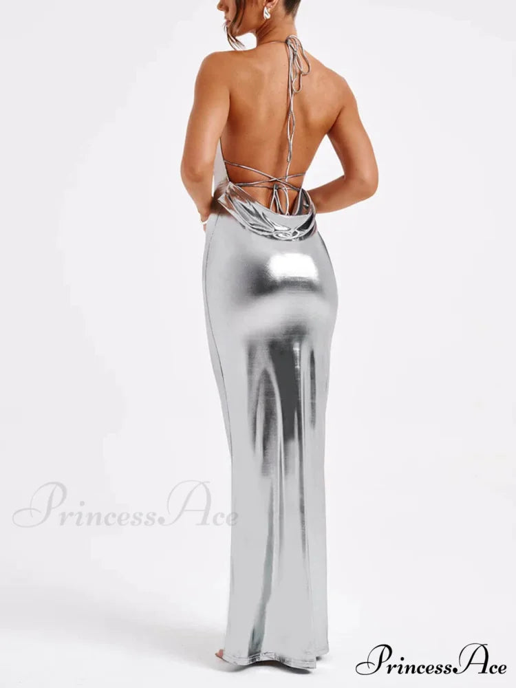 Spring Swing Collar Glossy Graceful Metallic Backless Maxi Dress