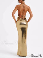 Spring Swing Collar Glossy Graceful Metallic Backless Maxi Dress