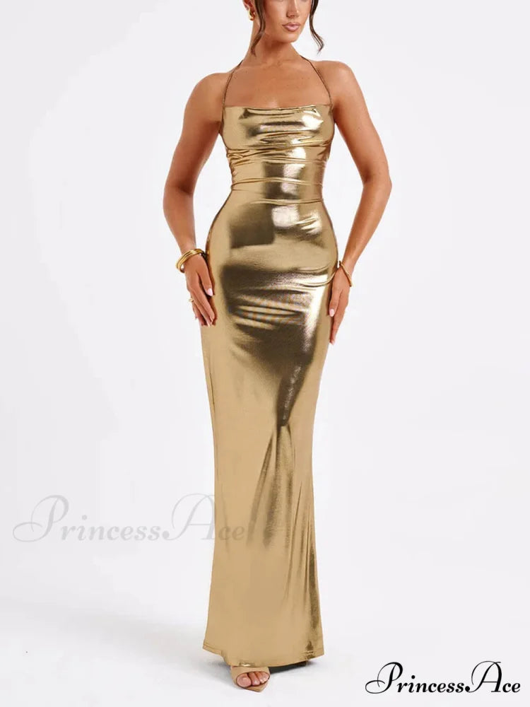 Spring Swing Collar Glossy Graceful Metallic Backless Maxi Dress