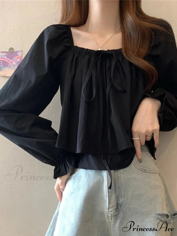 Square Neck Extended Puff Sleeve Frilled Blouse