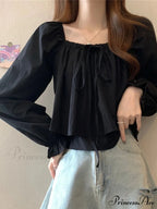 Square Neck Extended Puff Sleeve Frilled Blouse