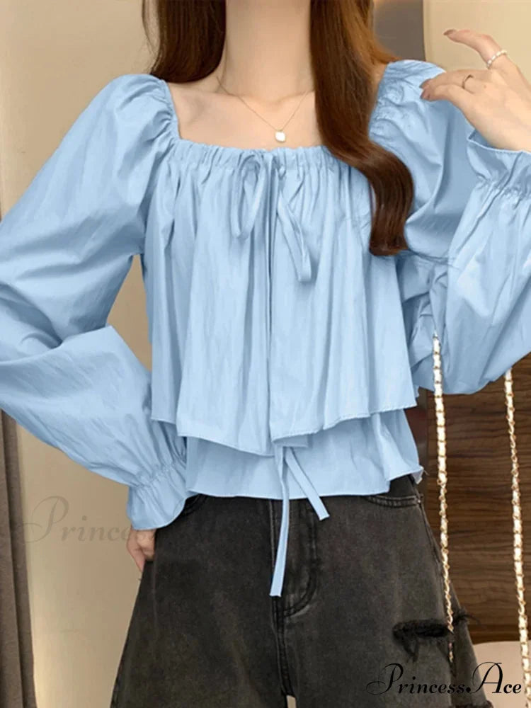 Square Neck Extended Puff Sleeve Frilled Blouse