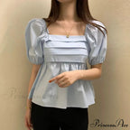 Square Neck Puff Sleeve Informal Pleated Ivory Blouse