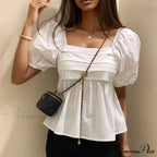 Square Neck Puff Sleeve Informal Pleated Ivory Blouse