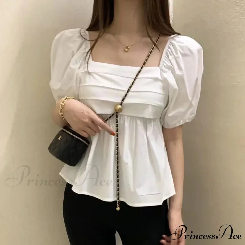 Square Neck Puff Sleeve Informal Pleated Ivory Blouse