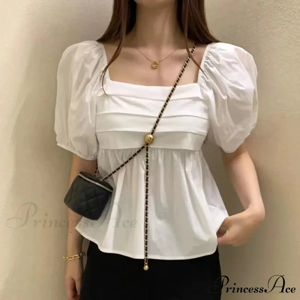 Square Neck Puff Sleeve Informal Pleated Ivory Blouse