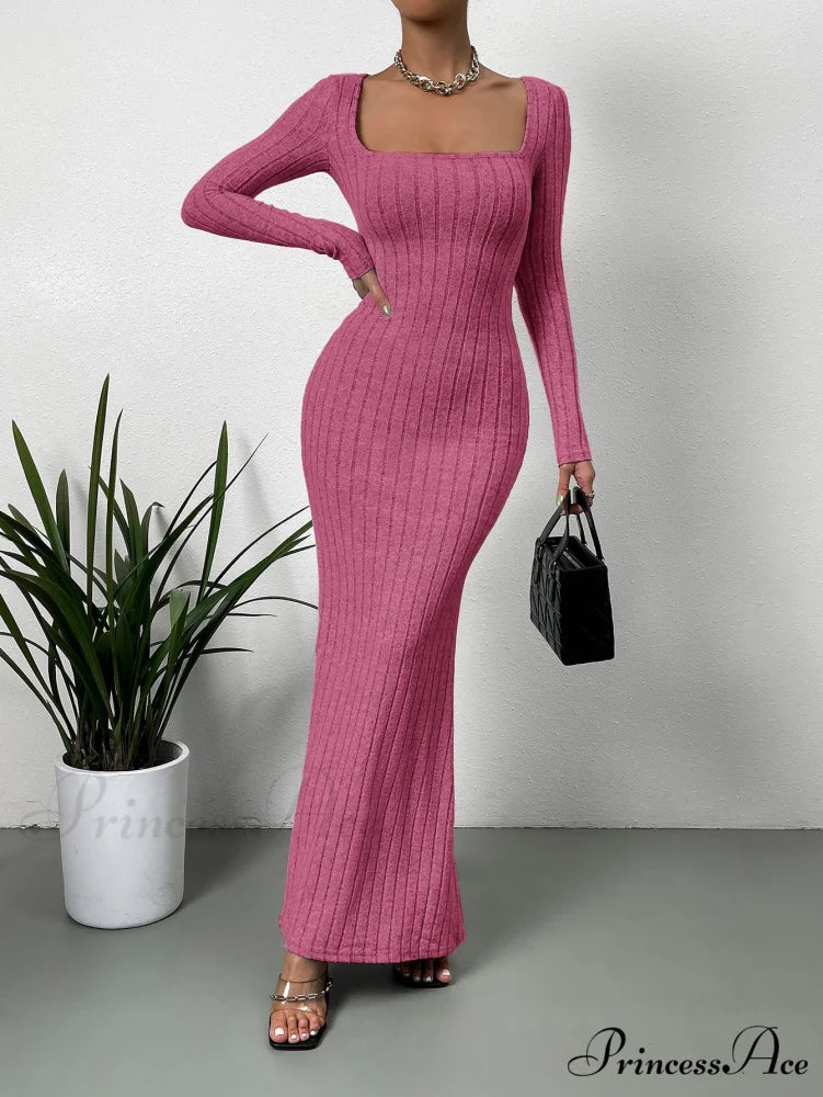 Square Neck Ribbed Knit Mermaid Hem Dress