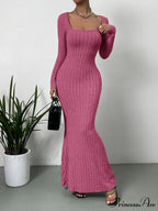 Square Neck Ribbed Knit Mermaid Hem Dress