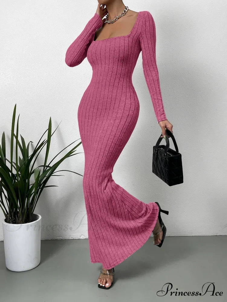 Square Neck Ribbed Knit Mermaid Hem Dress