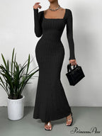 Square Neck Ribbed Knit Mermaid Hem Dress