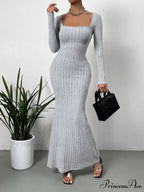 Square Neck Ribbed Knit Mermaid Hem Dress