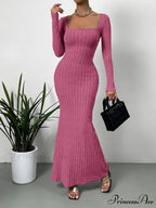 Square Neck Ribbed Knit Mermaid Hem Dress