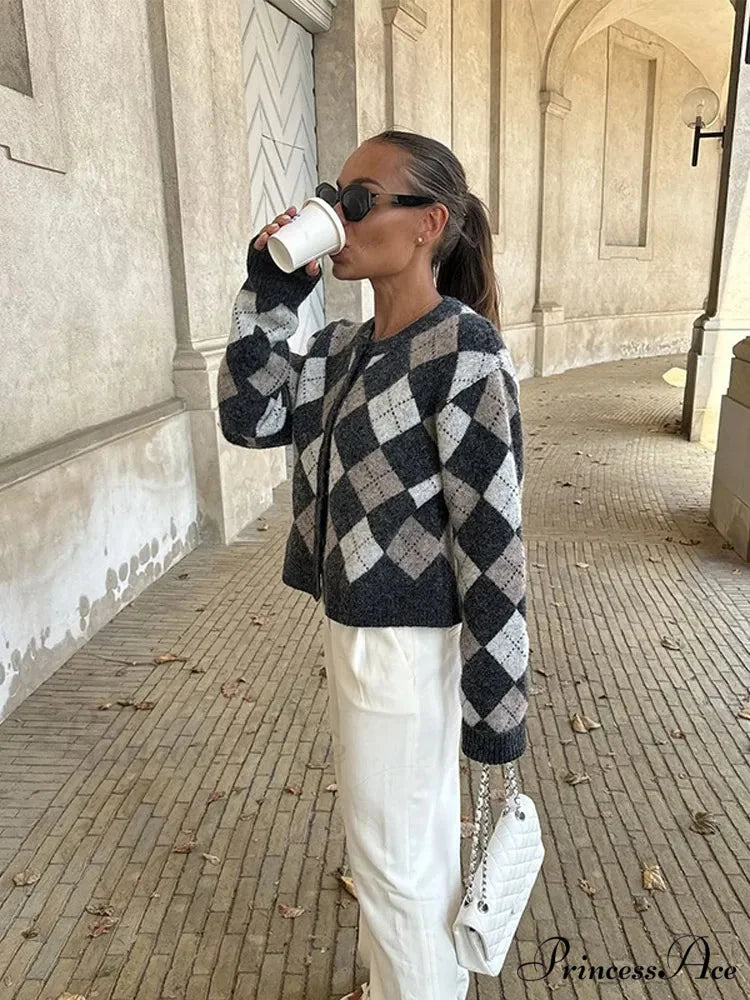 Square Printed Round-neck Long Sleeve Cardigan