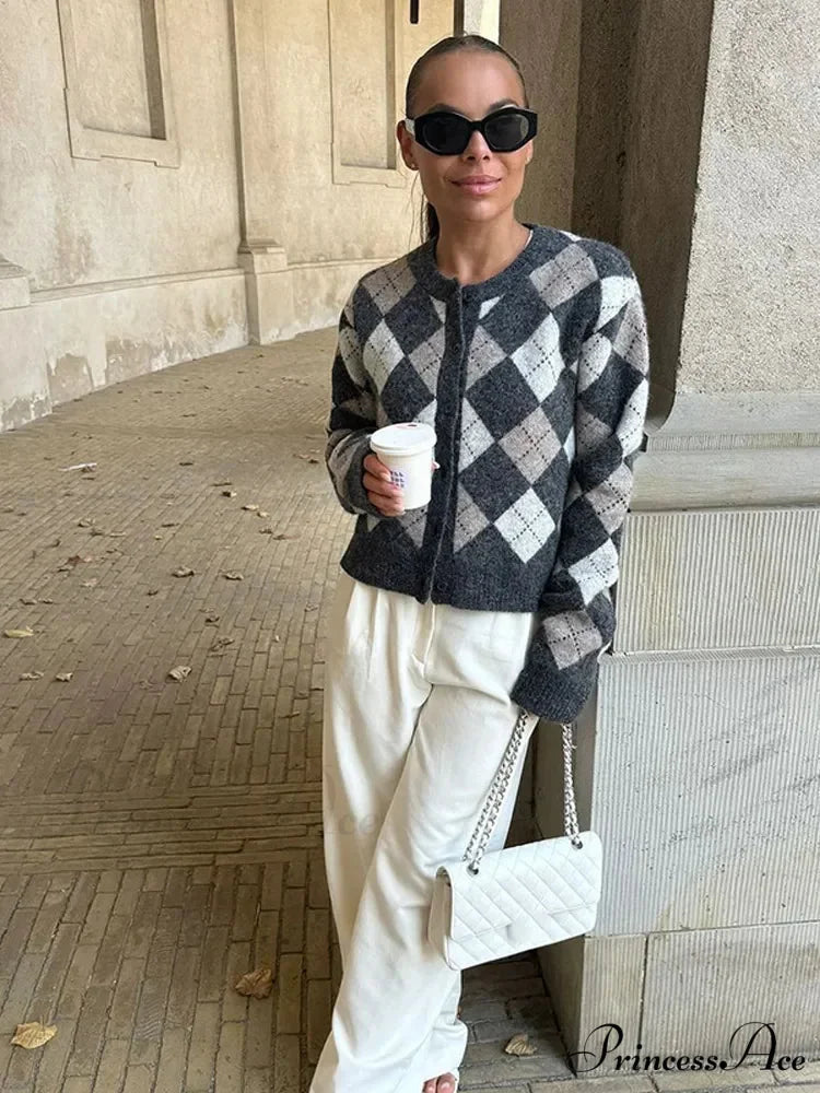 Square Printed Round-neck Long Sleeve Cardigan