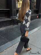 Square Printed Round-neck Long Sleeve Cardigan