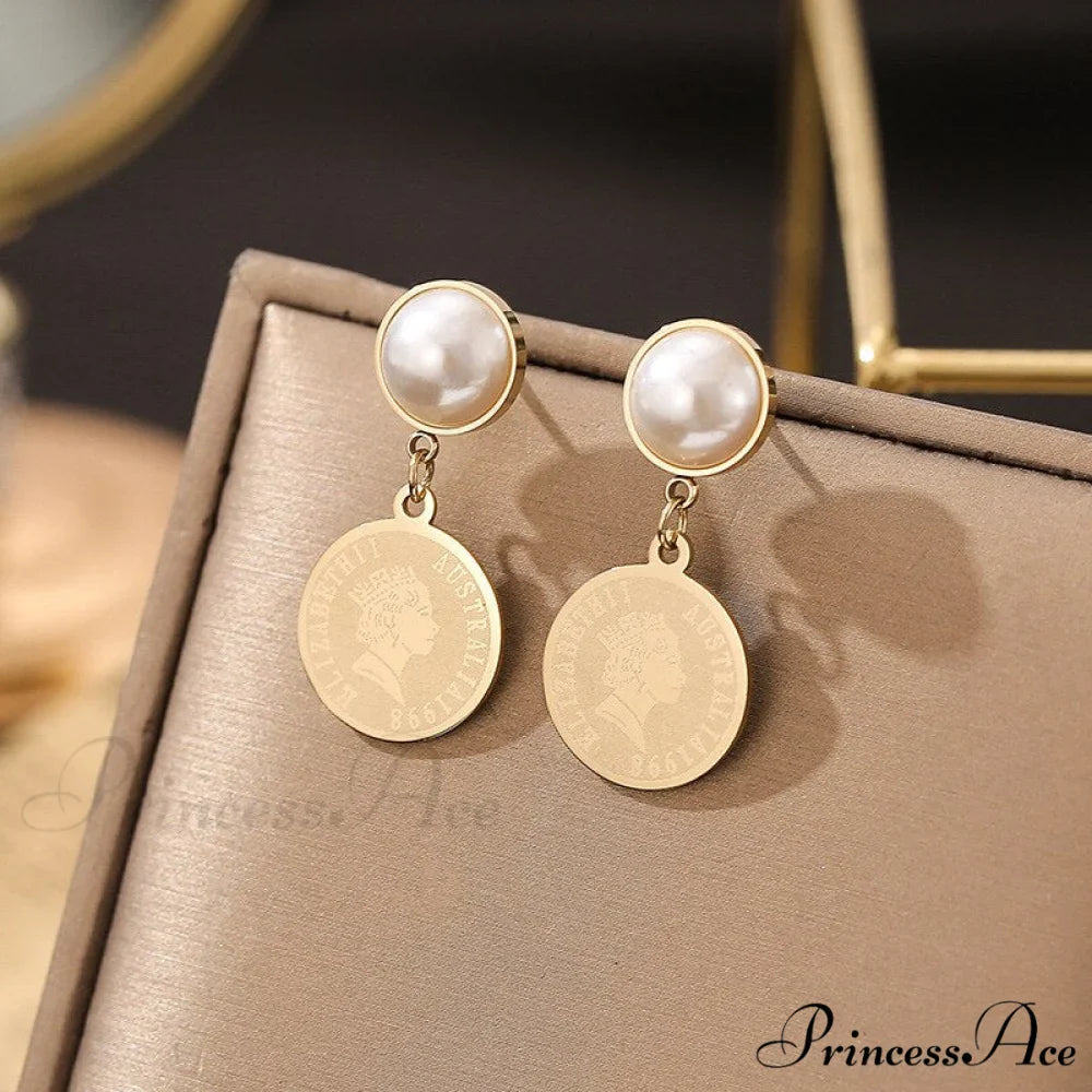 Stainless Steel Pearl Embossed Portrait Coin Pendant Earrings