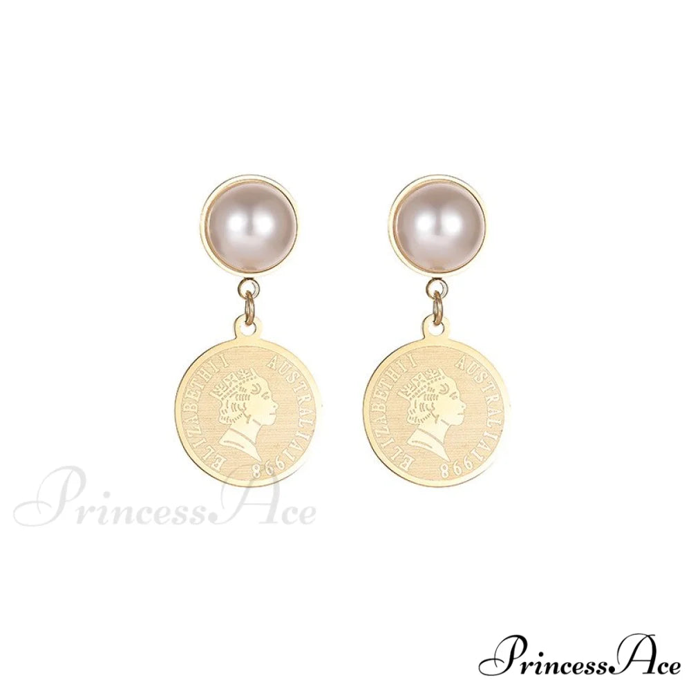 Stainless Steel Pearl Embossed Portrait Coin Pendant Earrings